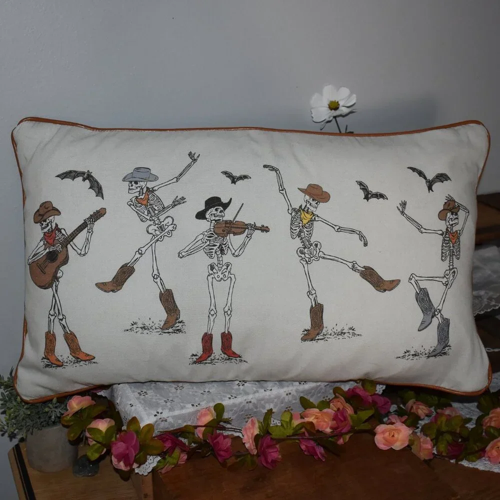 Cynthia Rowley Western Country Farmhouse Cowboy Skeleton Bats Halloween Pillow